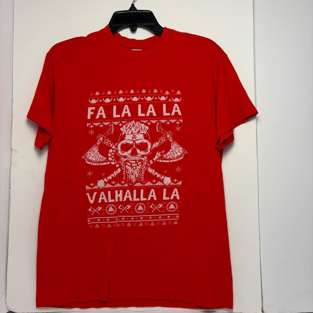 Gildan Valhalla La Viking Skull Ugly Christmas Sweater Red Graphic T-Shirt Men M
